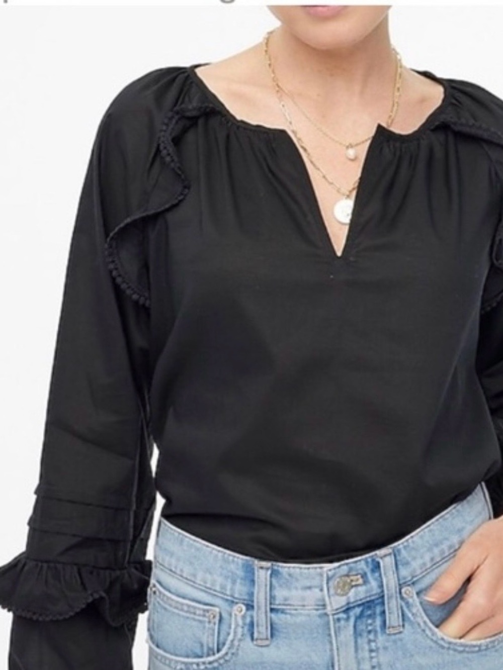J. Crew Black Ruffle Split-Neck Women's Top